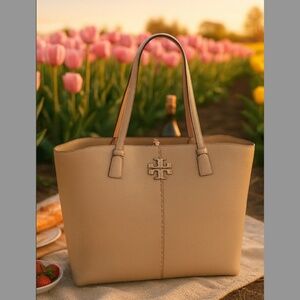 New Tory Burch McGraw Large Tote Bag, Devon Sand Soft Beige Leather Shopper Tote